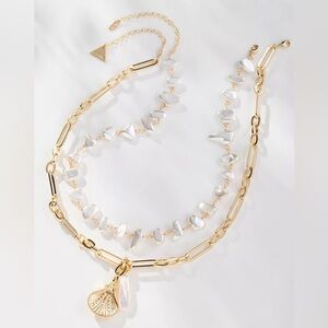 Anthropologie Freshwater Pearl Layered Gold Shell Charm Chain Link Necklace NWT